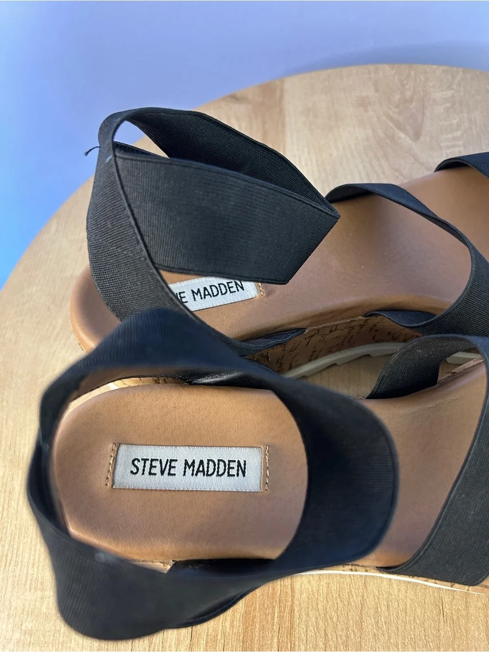 Black and White Cork Platform Sandals with Elastic Straps